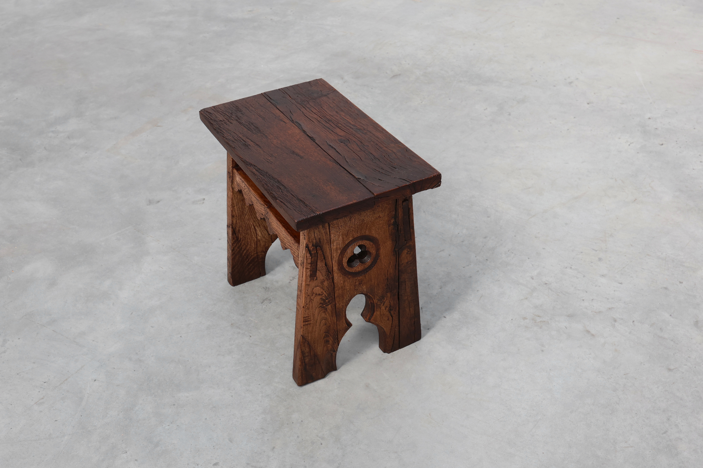 Neo Gothic solid oak rectangular carved stool, France ca. 1900thumbnail